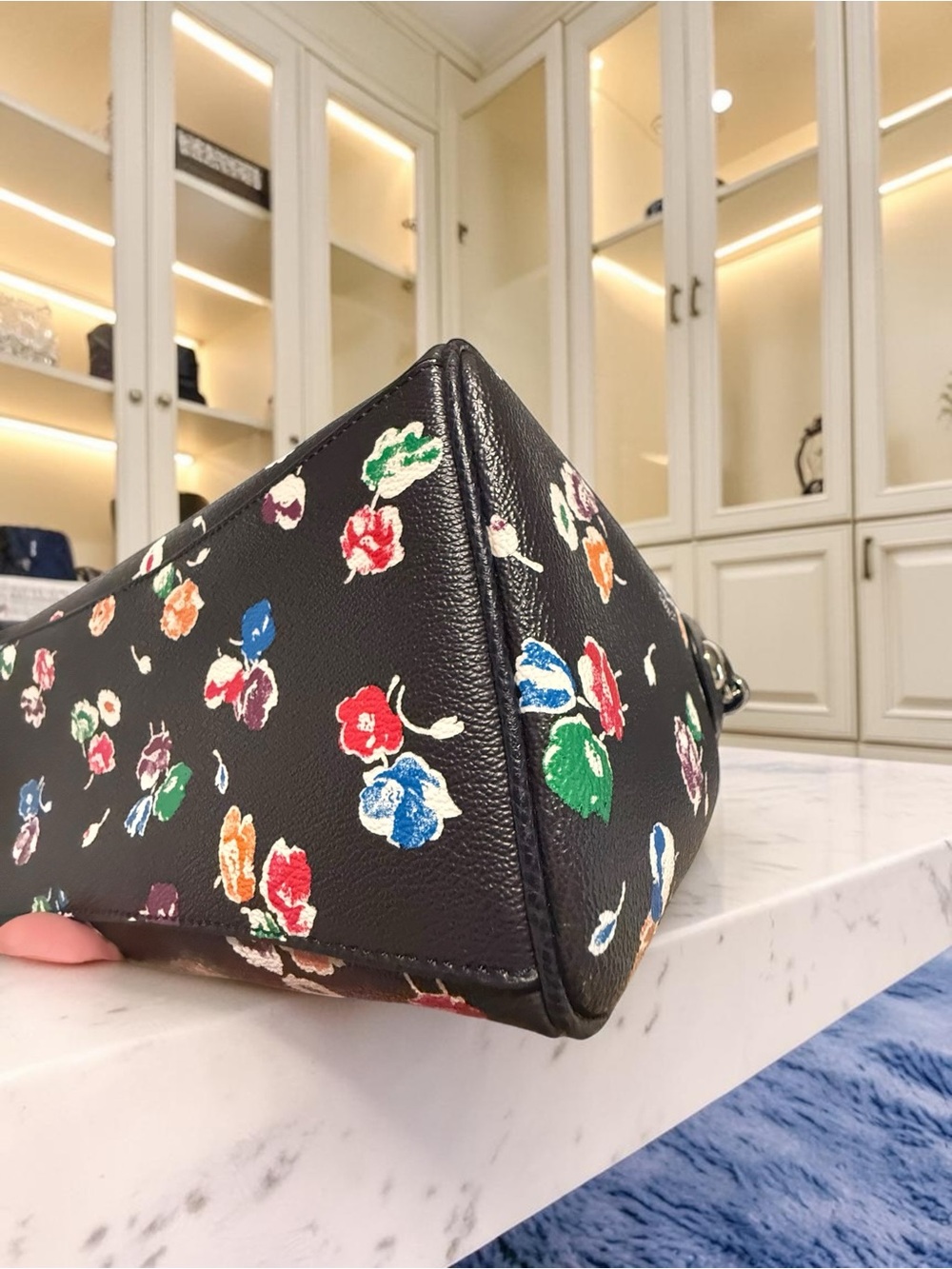 Coach Black Floral Print Leather Satchel with Multicolor Blossoms - Picture 10 of 15